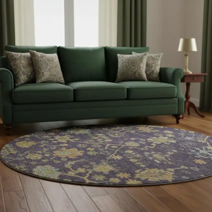 8' Purple Gold And Blue Floral Washable Round Rug With UV Protection Photo 2