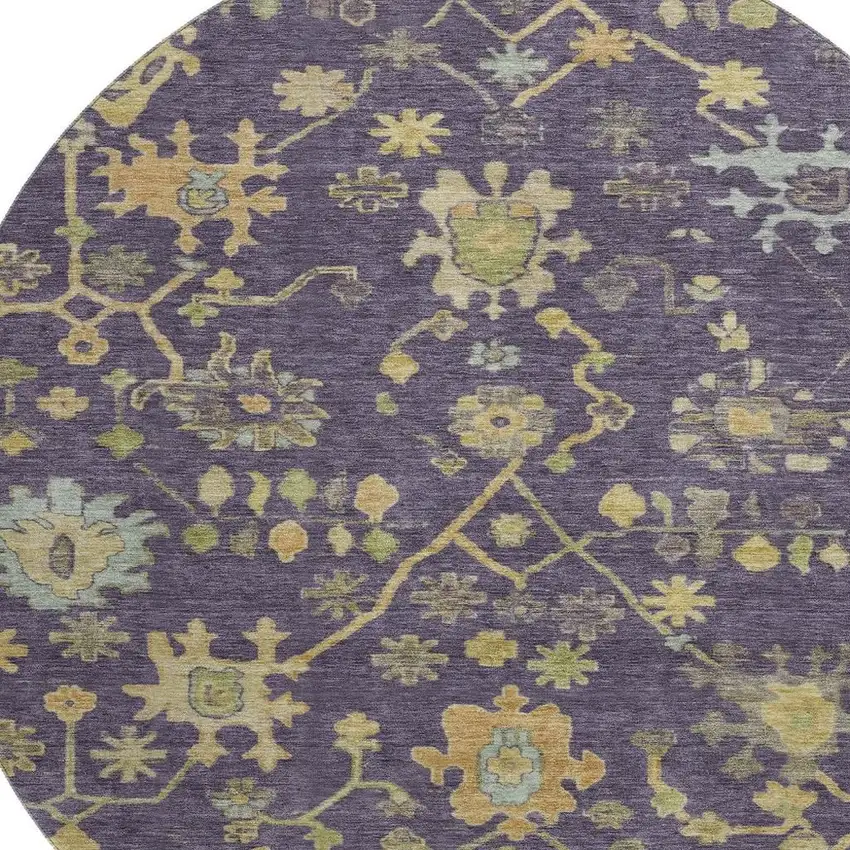8' Purple Gold And Blue Floral Washable Round Rug With UV Protection Photo 3