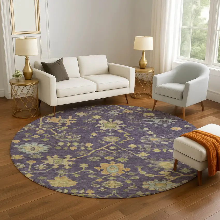 8' Purple Gold And Blue Floral Washable Round Rug With UV Protection Photo 5