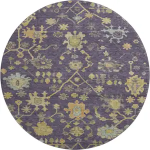 Photo of 8' Purple Gold And Blue Floral Washable Round Rug With UV Protection