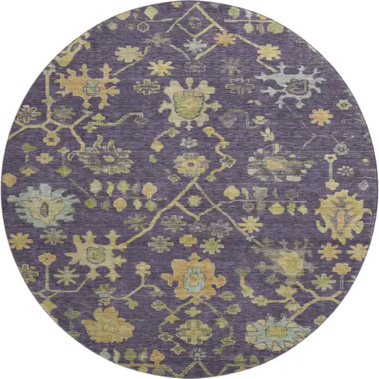 8' Purple Gold And Blue Floral Washable Round Rug With UV Protection Photo 1