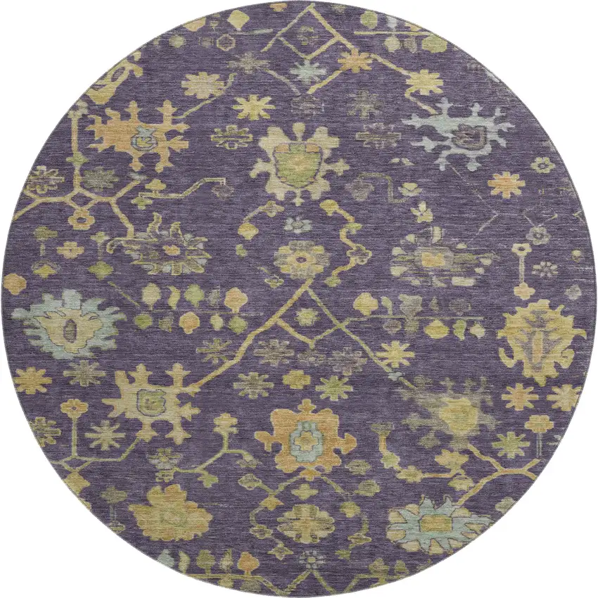 8' Purple Gold And Blue Floral Washable Round Rug With UV Protection Photo 1
