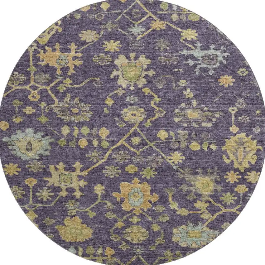 8' Purple Gold And Blue Floral Washable Round Rug With UV Protection Photo 4