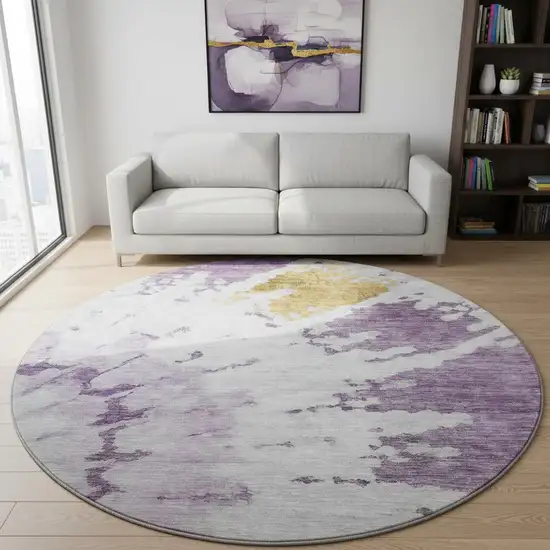 8' Purple Gold And Ivory Abstract Washable Round Rug With UV Protection Photo 2