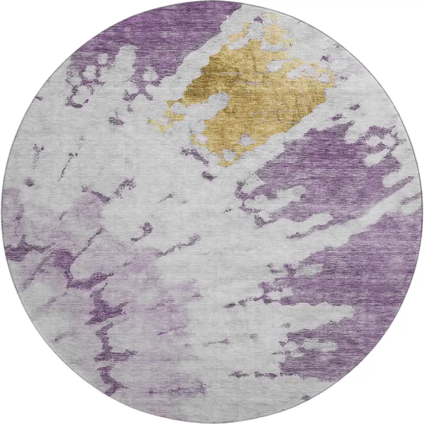 8' Purple Gold And Ivory Abstract Washable Round Rug With UV Protection Photo 1