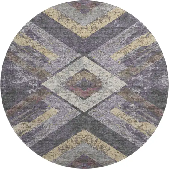 8' Purple Gold And Ivory Geometric Washable Round Rug With UV Protection Photo 1