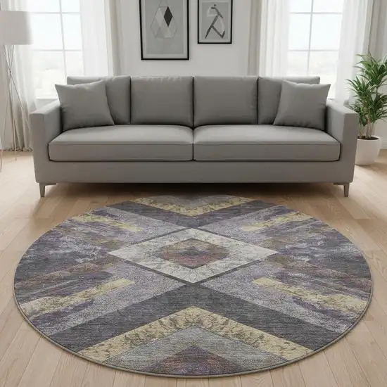 8' Purple Gold And Ivory Geometric Washable Round Rug With UV Protection Photo 2