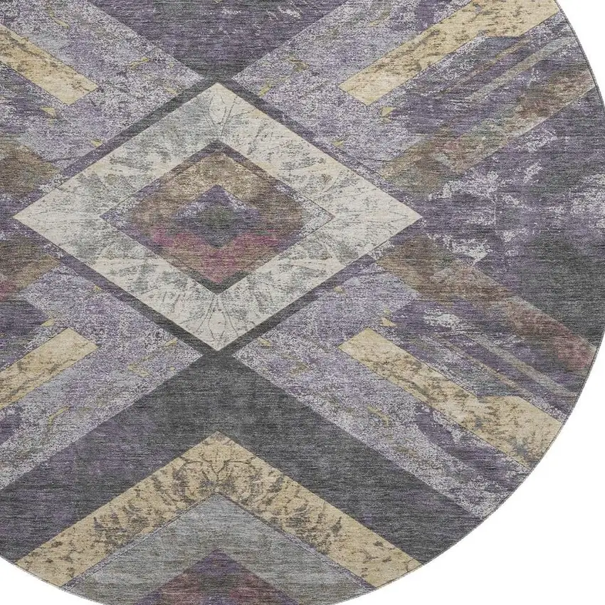 8' Purple Gold And Ivory Geometric Washable Round Rug With UV Protection Photo 3