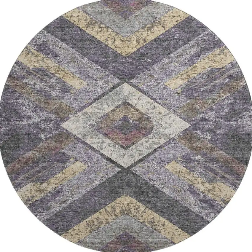 8' Purple Gold And Ivory Geometric Washable Round Rug With UV Protection Photo 4