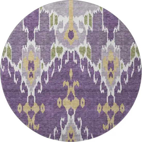 8' Purple Gold And Ivory Ikat Washable Round Rug With UV Protection Photo 3
