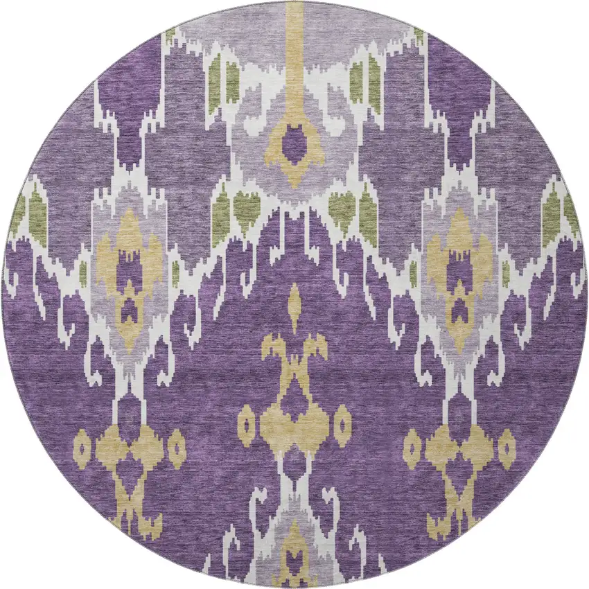 8' Purple Gold And Ivory Ikat Washable Round Rug With UV Protection Photo 3