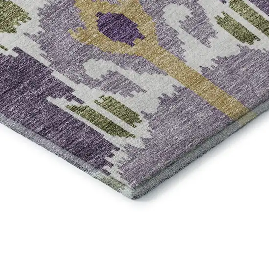 8' Purple Gold And Ivory Ikat Washable Round Rug With UV Protection Photo 6