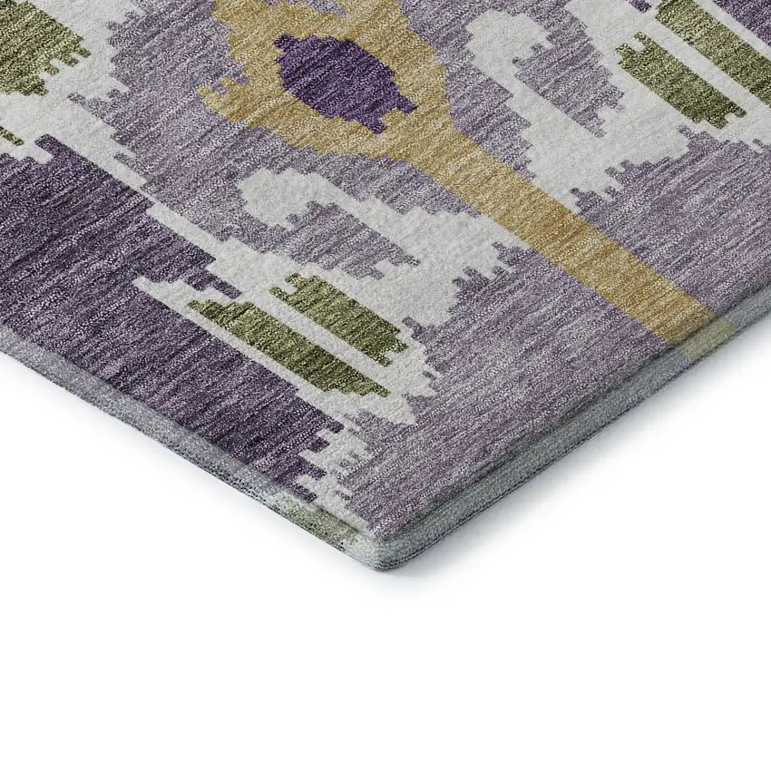 8' Purple Gold And Ivory Ikat Washable Round Rug With UV Protection Photo 6