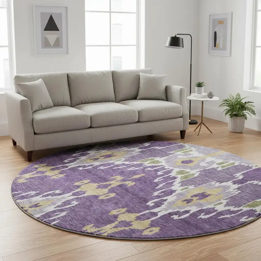 8' Purple Gold And Ivory Ikat Washable Round Rug With UV Protection Photo 2