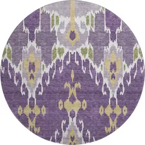 Photo of 8' Purple Gold And Ivory Ikat Washable Round Rug With UV Protection