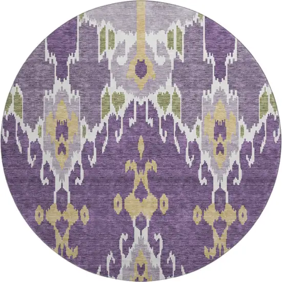 8' Purple Gold And Ivory Ikat Washable Round Rug With UV Protection Photo 1