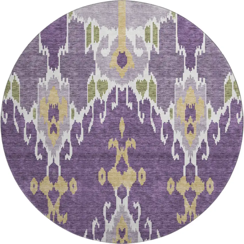 8' Purple Gold And Ivory Ikat Washable Round Rug With UV Protection Photo 1