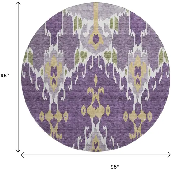 8' Purple Gold And Ivory Ikat Washable Round Rug With UV Protection Photo 9