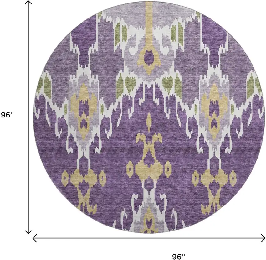 8' Purple Gold And Ivory Ikat Washable Round Rug With UV Protection Photo 9
