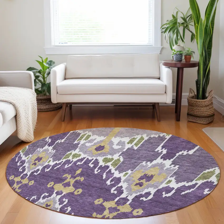 8' Purple Gold And Ivory Ikat Washable Round Rug With UV Protection Photo 4
