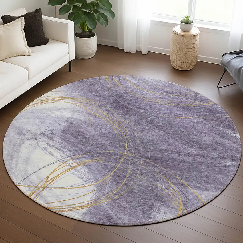 8' Purple Gold And Ivory Round Abstract Washable Indoor Outdoor Area Rug Photo 5