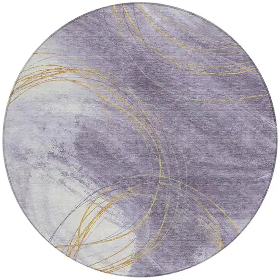 8' Purple Gold And Ivory Round Abstract Washable Indoor Outdoor Area Rug Photo 3