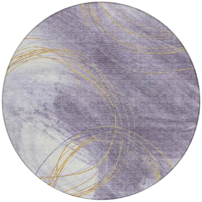 8' Purple Gold And Ivory Round Abstract Washable Indoor Outdoor Area Rug Photo 3