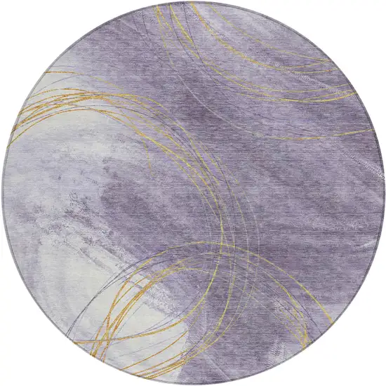 8' Purple Gold And Ivory Round Abstract Washable Indoor Outdoor Area Rug Photo 1