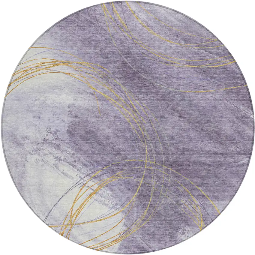 8' Purple Gold And Ivory Round Abstract Washable Indoor Outdoor Area Rug Photo 1