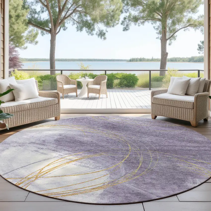 8' Purple Gold And Ivory Round Abstract Washable Indoor Outdoor Area Rug Photo 4