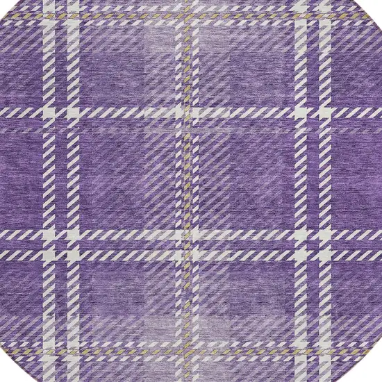 8' Purple Gold And Ivory Round Plaid Washable Indoor Outdoor Area Rug Photo 4