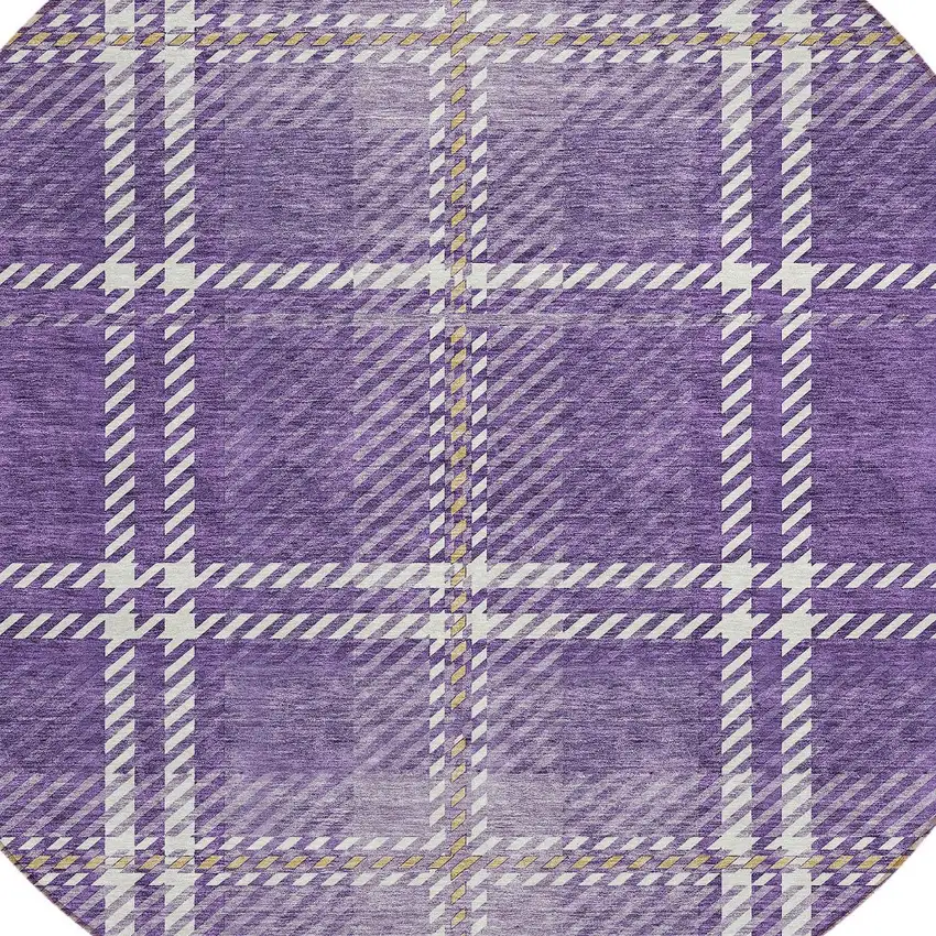8' Purple Gold And Ivory Round Plaid Washable Indoor Outdoor Area Rug Photo 4