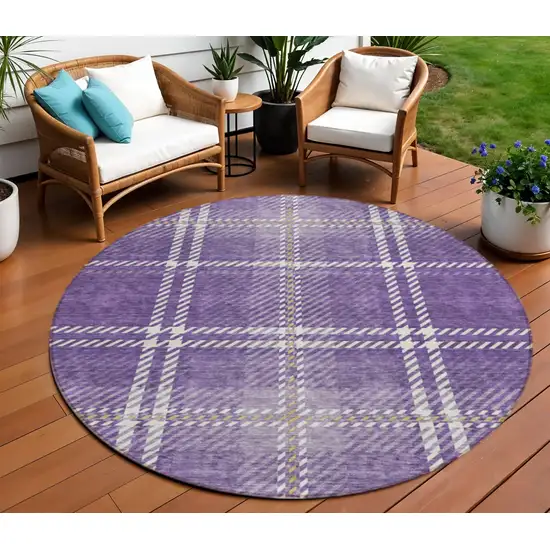 8' Purple Gold And Ivory Round Plaid Washable Indoor Outdoor Area Rug Photo 1