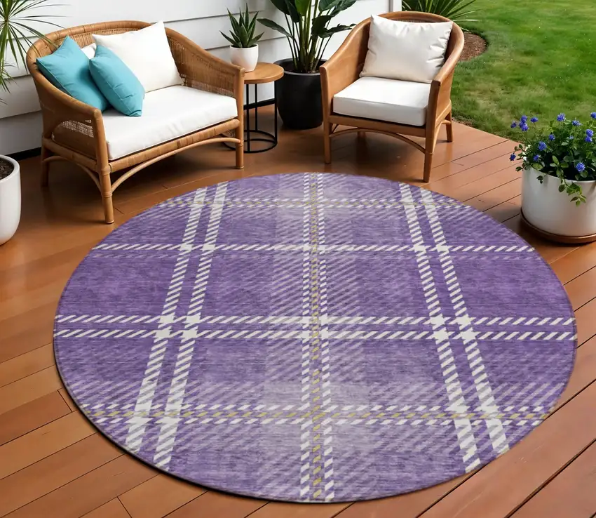 8' Purple Gold And Ivory Round Plaid Washable Indoor Outdoor Area Rug Photo 1