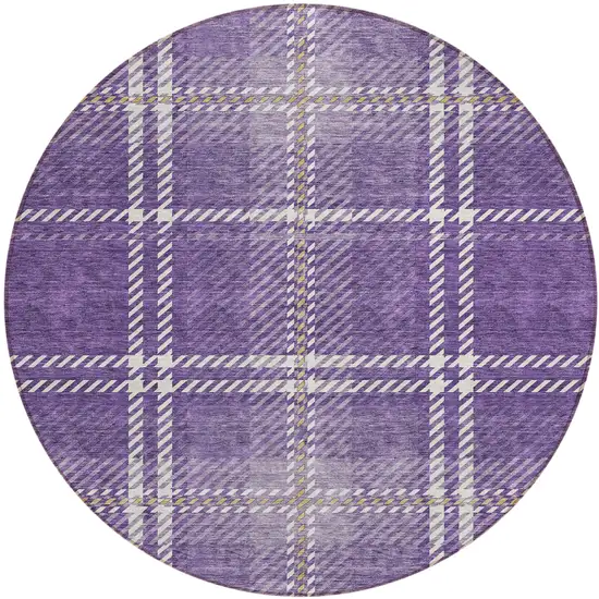 8' Purple Gold And Ivory Round Plaid Washable Indoor Outdoor Area Rug Photo 2
