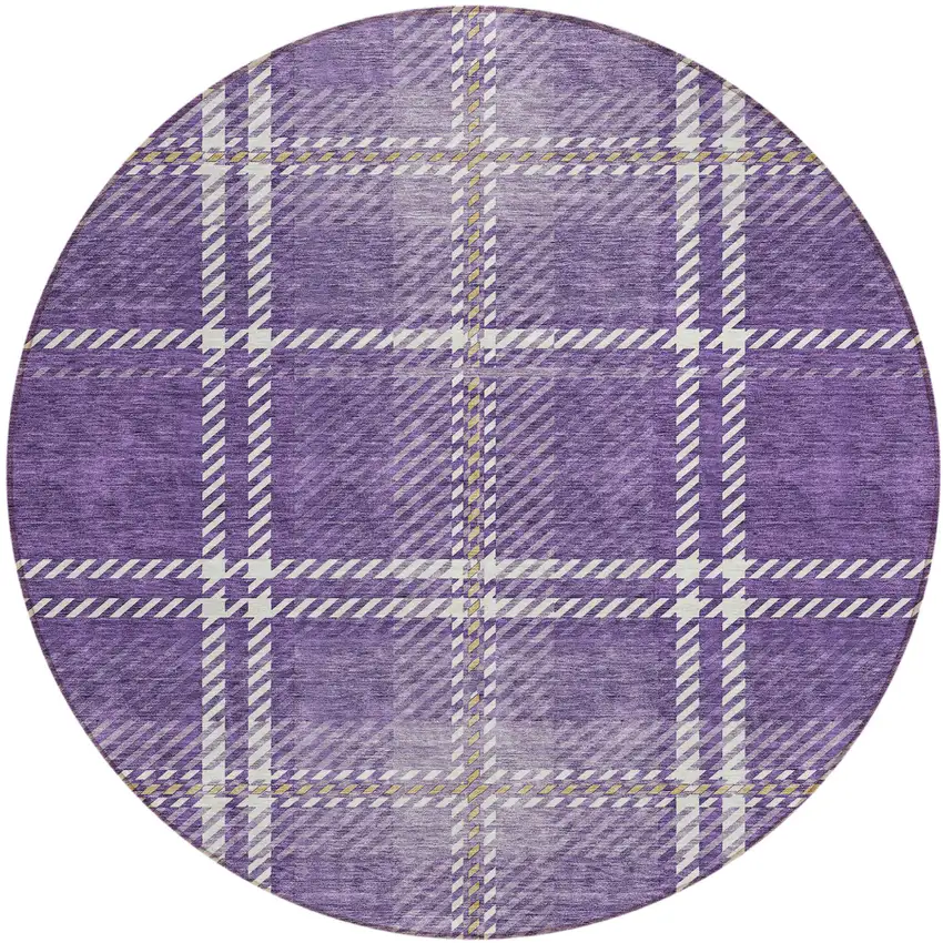 8' Purple Gold And Ivory Round Plaid Washable Indoor Outdoor Area Rug Photo 2
