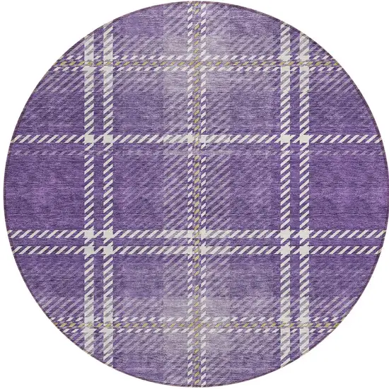 8' Purple Gold And Ivory Round Plaid Washable Indoor Outdoor Area Rug Photo 5