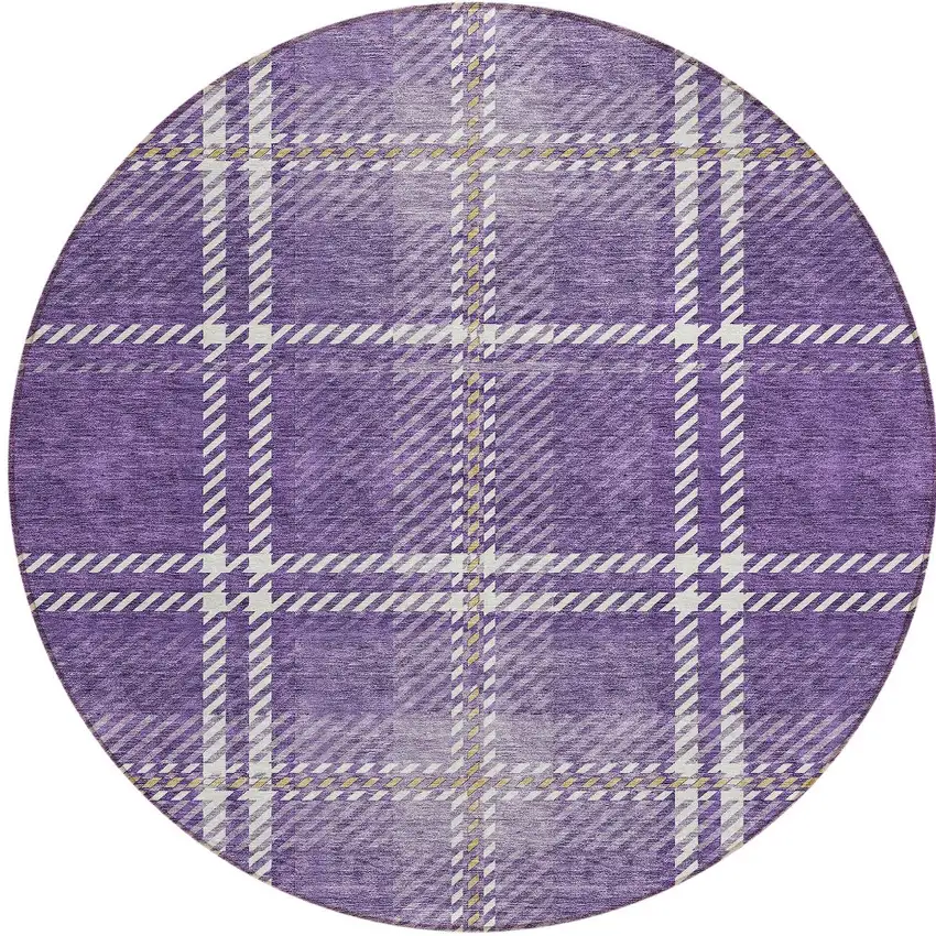 8' Purple Gold And Ivory Round Plaid Washable Indoor Outdoor Area Rug Photo 5