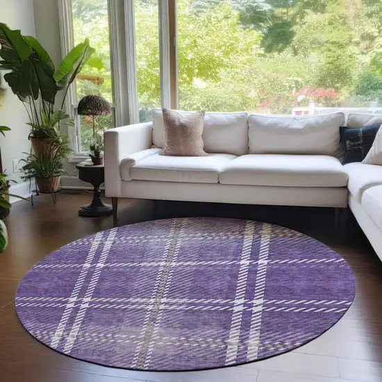 8' Purple Gold And Ivory Round Plaid Washable Indoor Outdoor Area Rug Photo 7