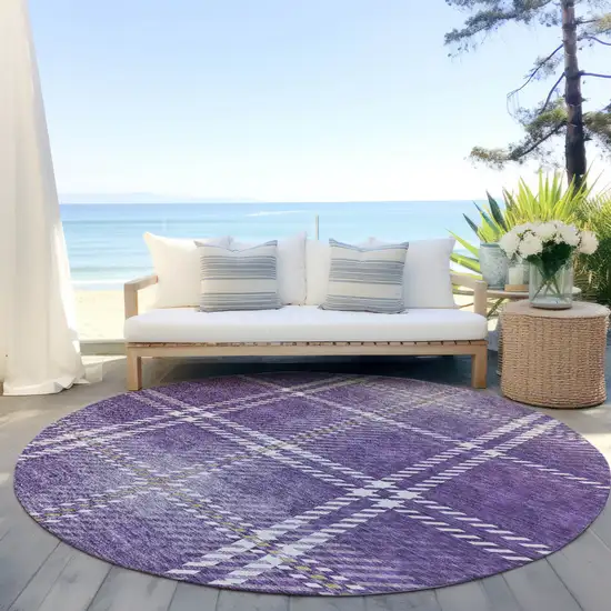 8' Purple Gold And Ivory Round Plaid Washable Indoor Outdoor Area Rug Photo 6