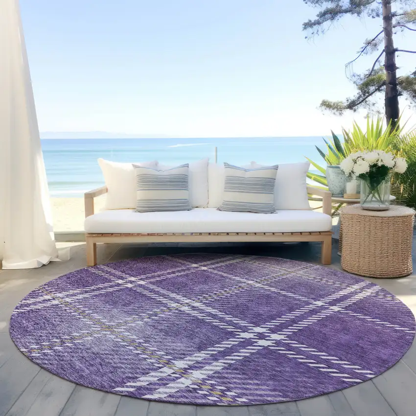 8' Purple Gold And Ivory Round Plaid Washable Indoor Outdoor Area Rug Photo 6
