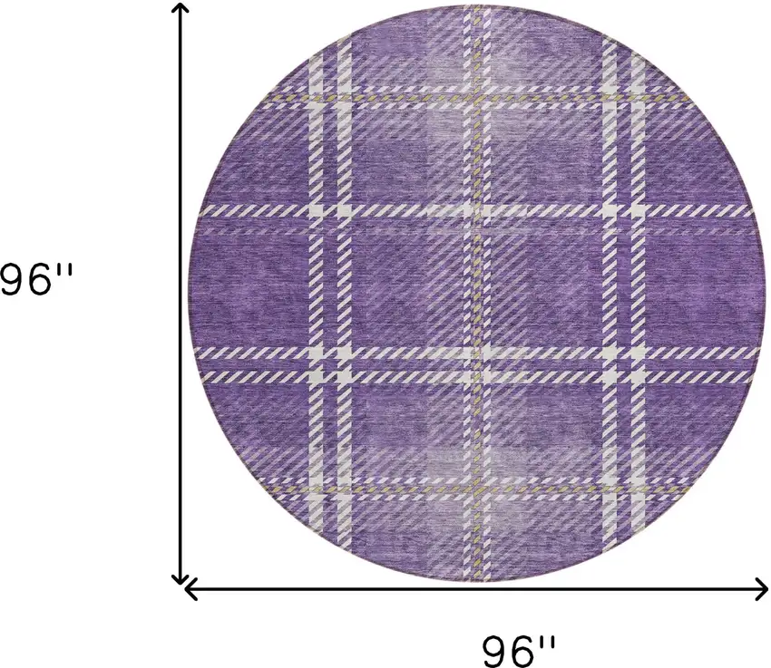 8' Purple Gold And Ivory Round Plaid Washable Indoor Outdoor Area Rug Photo 3