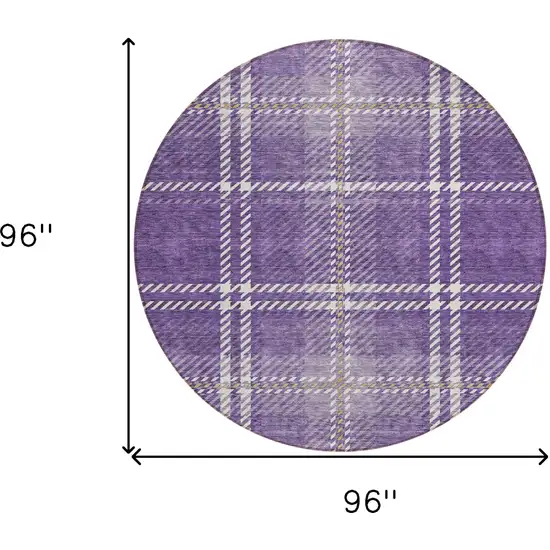 8' Purple Gold And Ivory Round Plaid Washable Indoor Outdoor Area Rug Photo 3