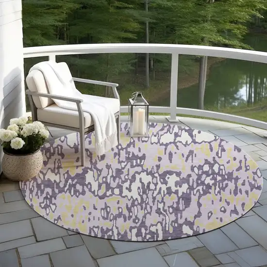 8' Purple Gold And Ivory Round Striped Washable Indoor Outdoor Area Rug Photo 8