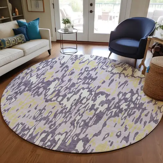 8' Purple Gold And Ivory Round Striped Washable Indoor Outdoor Area Rug Photo 9