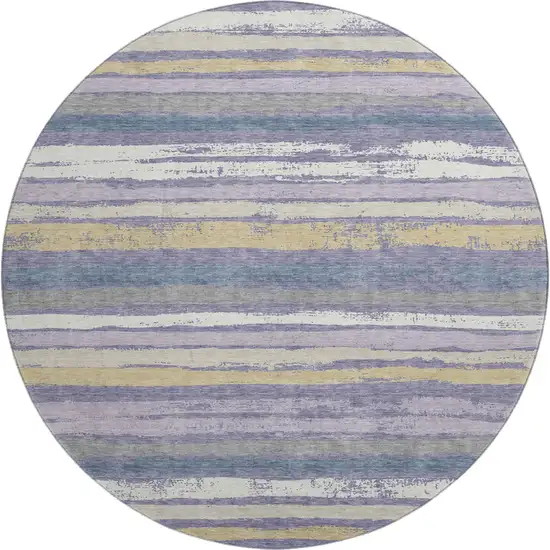 8' Purple Gold And Ivory Striped Washable Round Rug With UV Protection Photo 5