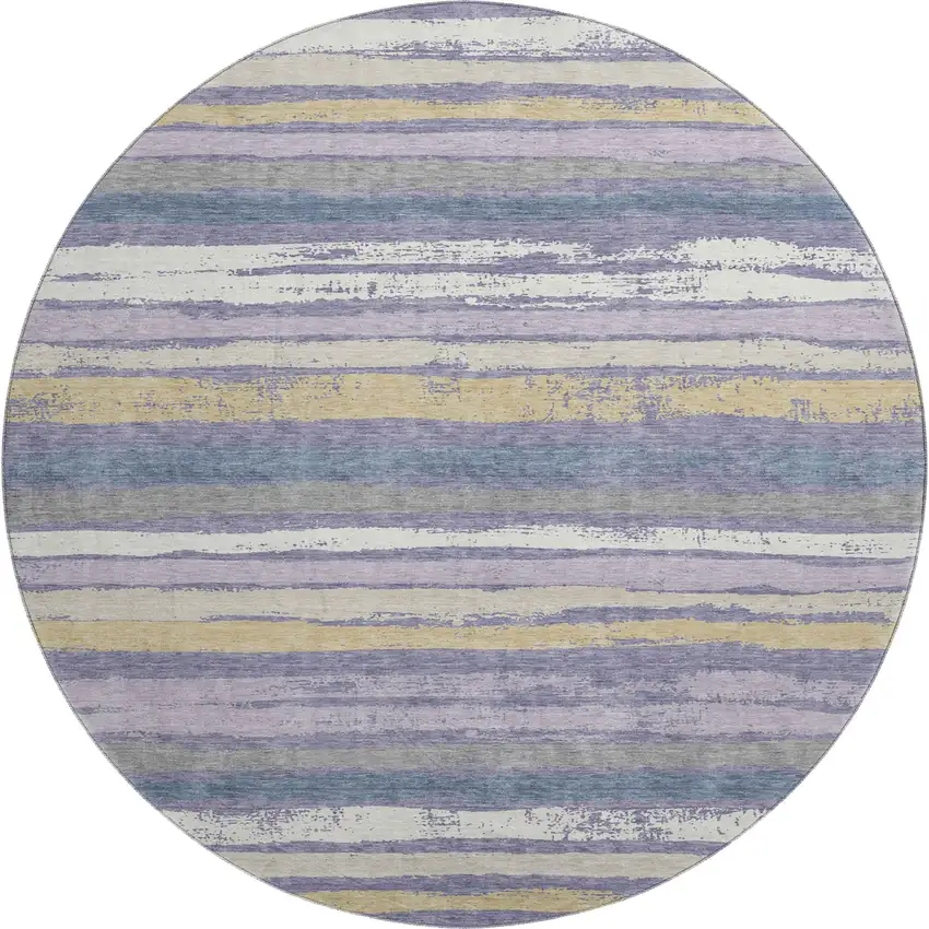 8' Purple Gold And Ivory Striped Washable Round Rug With UV Protection Photo 5
