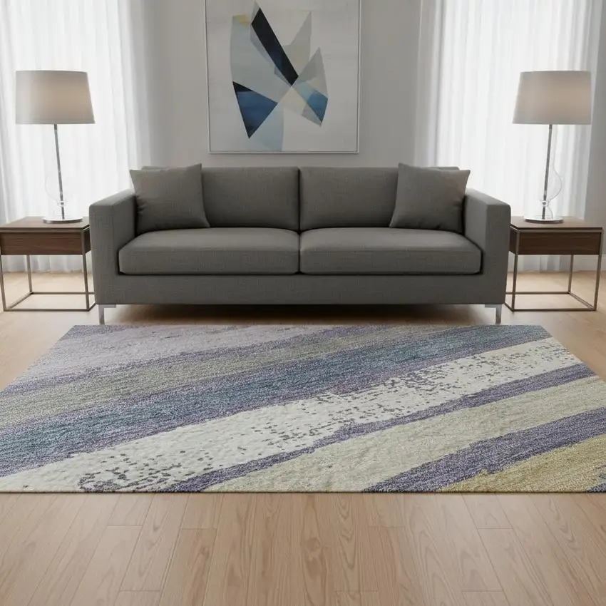 8' Purple Gold And Ivory Striped Washable Round Rug With UV Protection Photo 2