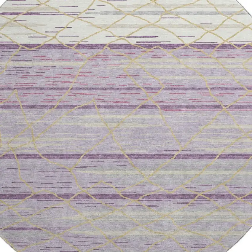 8' Purple Gold And Ivory Striped Washable Round Rug With UV Protection Photo 2