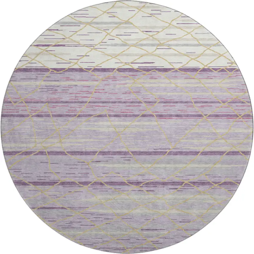 8' Purple Gold And Ivory Striped Washable Round Rug With UV Protection Photo 1